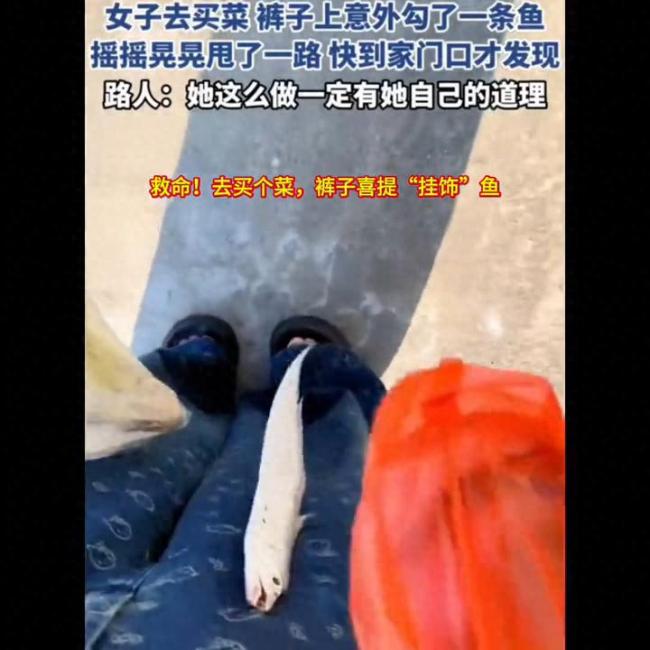 女子去买菜发现裤子上钩了条鱼 路人：她这么做一定有她自己的道理