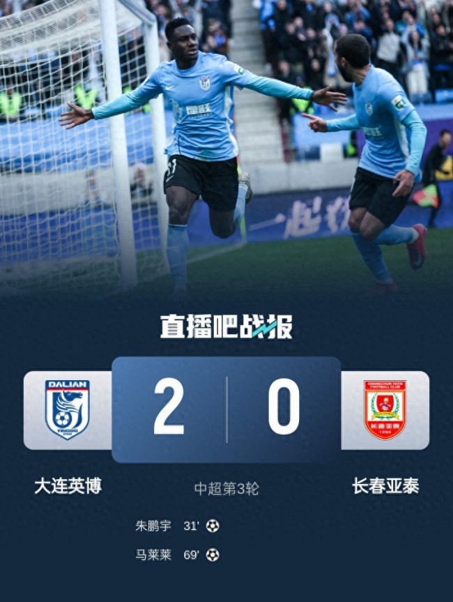 大连英博2-0长春亚泰 朱鹏宇进球