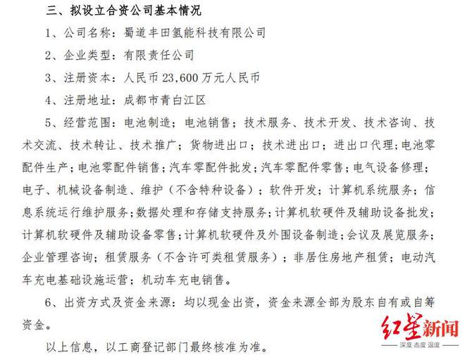 注册资本2.36亿元，蜀道装备携手丰田汽车成立氢能合资公司