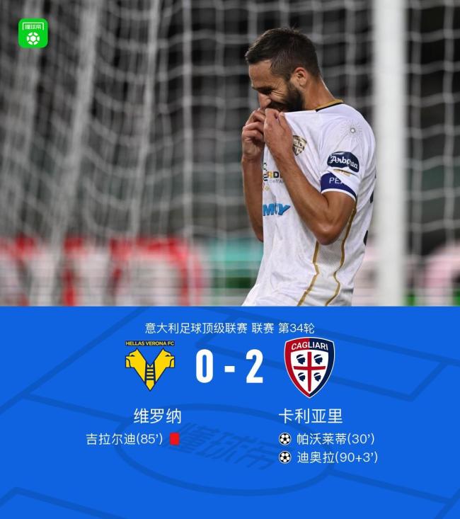 意甲：卡利亚里2-0维罗纳，帕沃莱蒂建功，迪奥拉锁定胜局