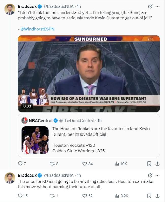 KD入火箭要价需降低！休媒称无需动核心班底 交易方案合理