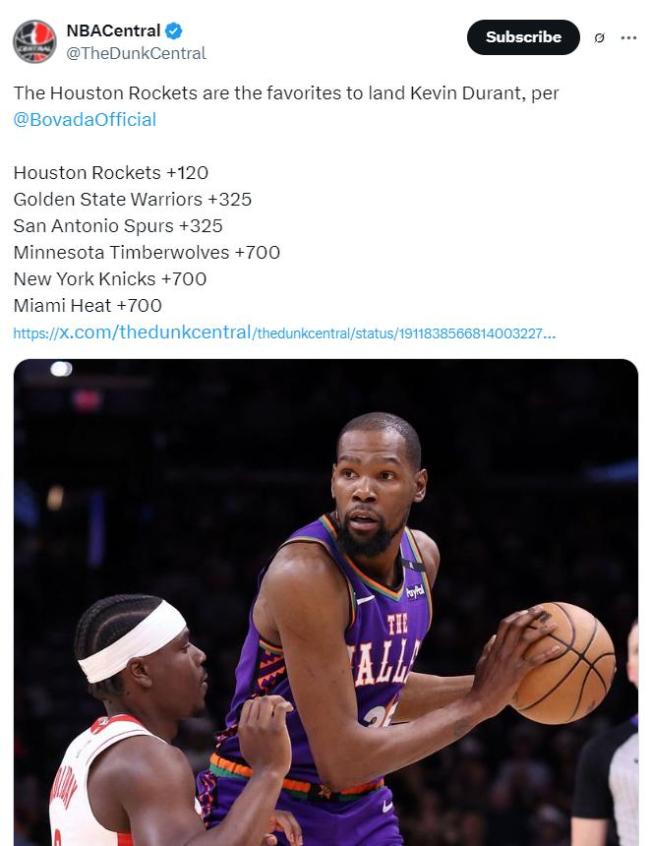 KD入火箭要价需降低！休媒称无需动核心班底 交易方案合理