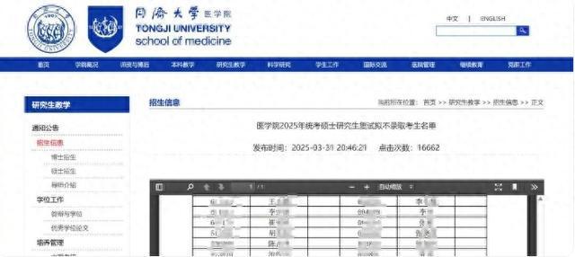 同济大学医学院回应公示不录取名单被调侃:方便考生提前调剂