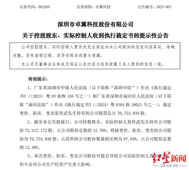 因操纵证券市场罪、内幕交易罪，卓翼科技实控人一审获刑七年，被罚4500万元