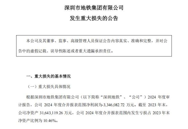 深铁集团披露2024年亏损原因 万科业绩拖累