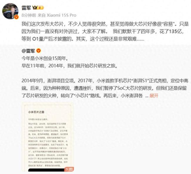 雷军：做大芯片四年花了135亿