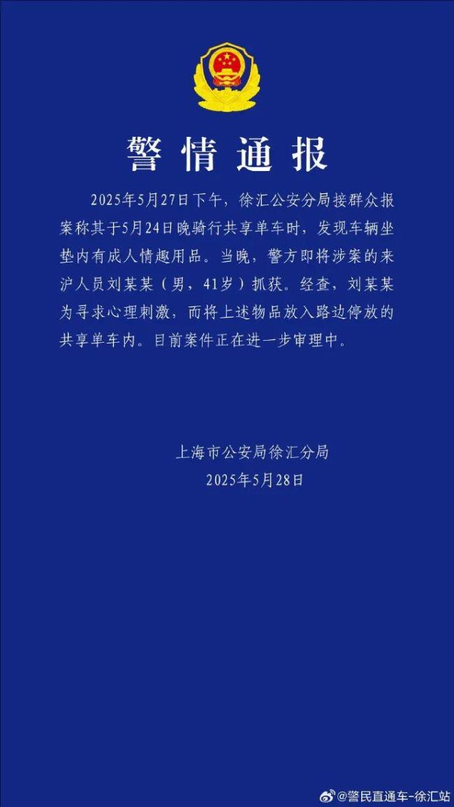 男子共享单车坐垫内放情趣用品被抓