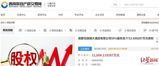 1.17亿！成都花园城大酒店股权债权捆绑转让，曾为中外合资四星级酒店