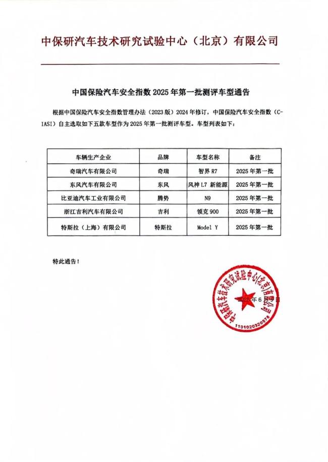 中保研公布今年首批测评车型 5款车型揭晓