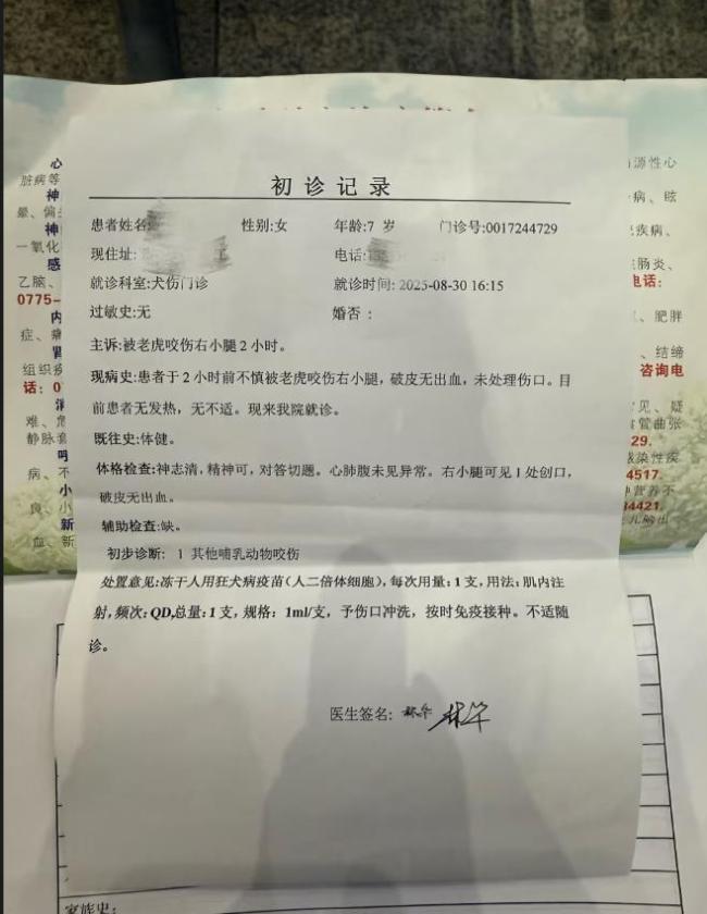 女童和老虎互动时被咬伤 家长报警 园方与家属未就善后达成一致