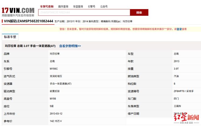 一辆玛莎拉蒂将被拍卖，起拍价2万元，该车型2013年上市时参考价142.15万元