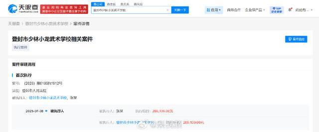释小龙父亲任职的少林武校被执行26.9万