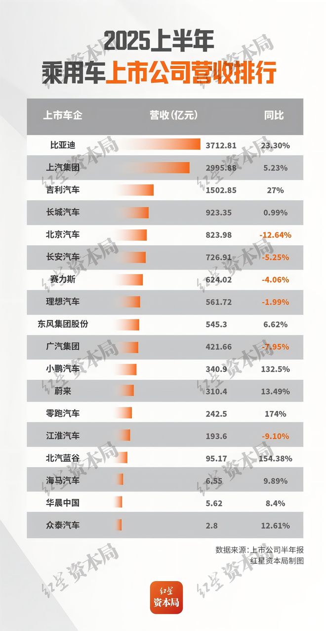 2025上半年乘用车企业绩：比亚迪全面领先，众泰营收垫底，3家销量翻倍