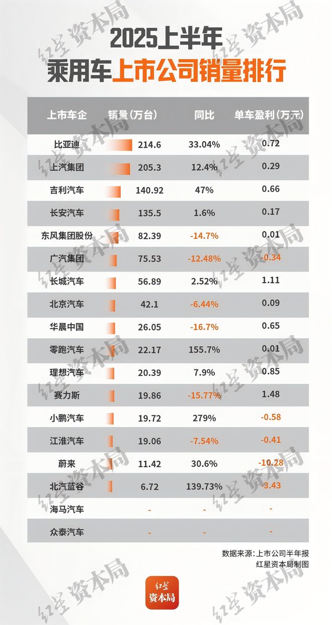 2025上半年乘用车企业绩：比亚迪全面领先，众泰营收垫底，3家销量翻倍