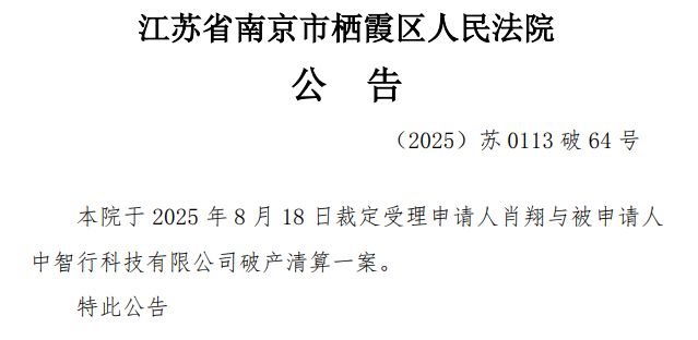 “百度无人车护法”王劲创业“翻车”：中智行破产清算被受理，1.5万元都拿不出来