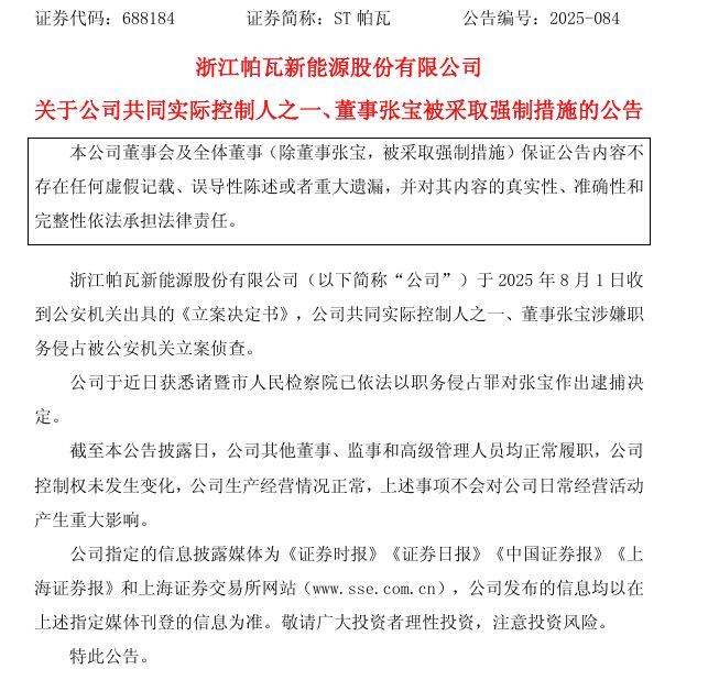 ST帕瓦实控人之一被批捕！是中南大学博士生导师，公司曾公告其占用资金1.9亿元